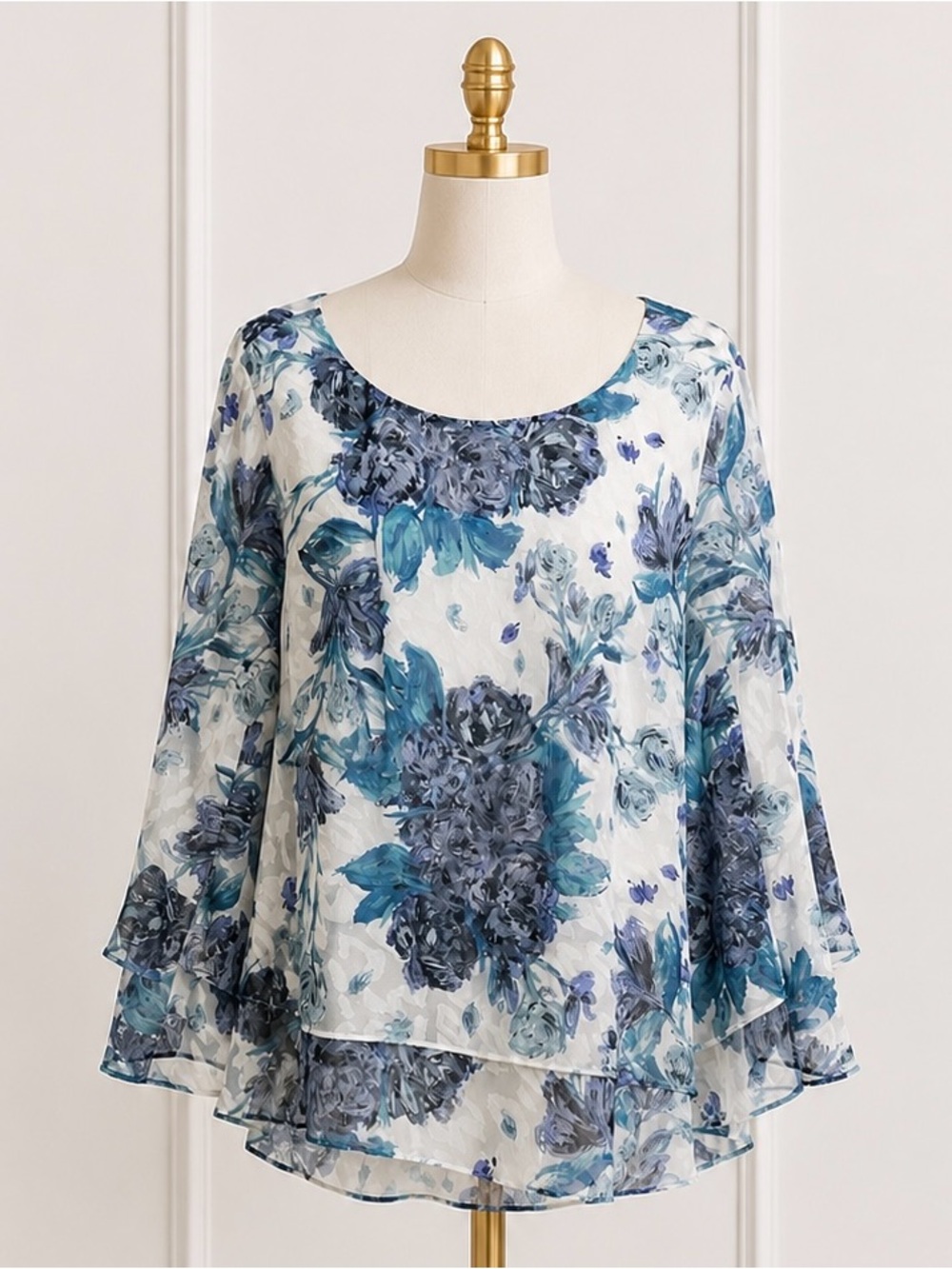 Alex Evenings Ivory Multi Floral Chiffon Bell Sleeve Blouse Sz 1X NWT